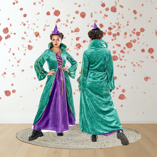 Front and back view of Winnie Witch Costume inspired by Hocus Pocus with green cloak and purple dress