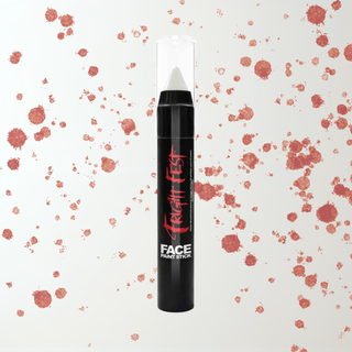 Fright Fest White Face Paint Stick | Halloween Makeup Pen against splatter background.