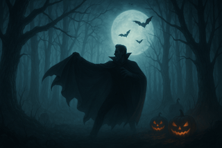 Spooky forest scene with vampire and pumpkins, perfect for those who want to Grab Last-Minute Halloween Looks.