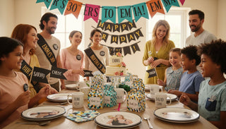 Family celebrating with decorations at a birthday party - Complete Guide to Personalised Party Items UK