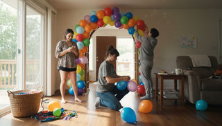 People arranging colorful balloons for party