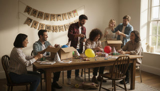 Friends arranging personalised decorations on table
