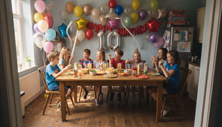Children celebrating with various party balloons