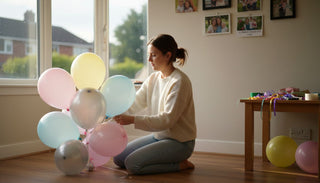 Woman arranging balloon display in living room