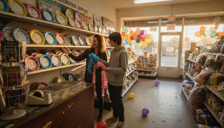 Family choosing party supplies in local shop
