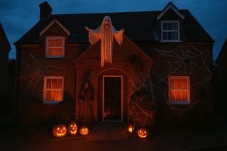 Spooky house decorated for Halloween with pumpkins and ghost, highlighting halloween costumes Cheltenham theme.