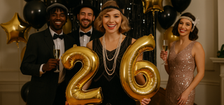 Group in 1920s attire celebrating with gold balloons for New Year Party Shop 2026