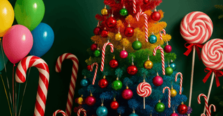 Colorful Christmas tree with candy canes and balloons, perfect for a Candyland & Colour Pop Christmas theme.