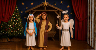 Children in Nativity Kids' Costumes as Mary, Joseph, and angel for school play on stage.