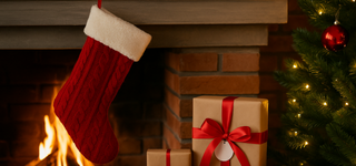 Red stocking by a fireplace with gifts that are perfect stocking fillers & secret santa gifts for Christmas.