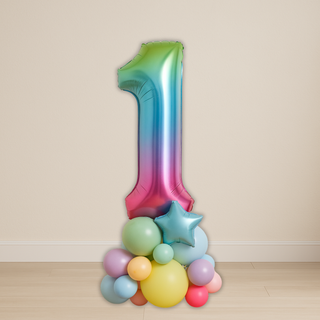 Rainbow number balloon stack featuring a 34” foil number 1 with colorful balloons, perfect for birthdays or milestone events.