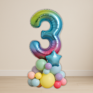 Rainbow number balloon stack with a large metallic number 3, surrounded by colorful balloons, perfect for birthdays and celebrations.