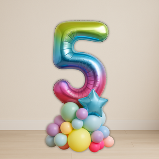 Rainbow number balloon stack displaying a colorful number 5, ideal for birthdays or celebrations, adding a vibrant touch to any event.