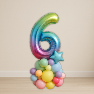 Colorful rainbow number balloon stack for joyful celebrations and milestone events, featuring number 6