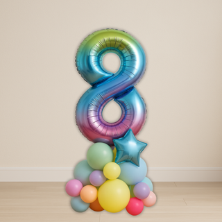 Rainbow number balloon stack featuring a large '8' in vibrant colors, perfect for birthdays or milestone celebrations.