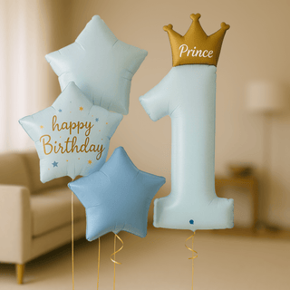 Prince 1st Birthday Helium Balloon Bundle with crown-topped '1' and star-shaped balloons in blue and gold.