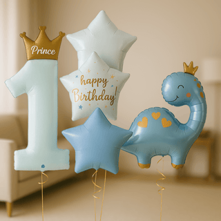 Prince 1st Birthday Helium Balloon Bundle with blue and gold crown-topped number 1, star, and dinosaur balloons for a royal celebration.