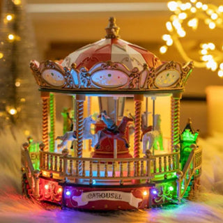 LED Christmas Light Up Carousel Decoration Animated with colorful lights and festive design on display