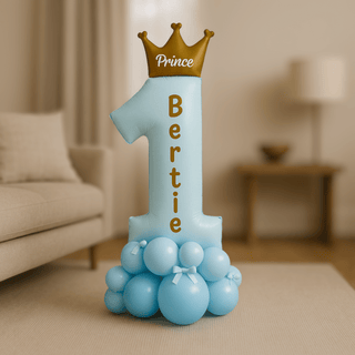 Prince & Princess Personalised 1st Birthday Balloon Stack with blue design and gold crown, perfect for royal-themed celebrations.