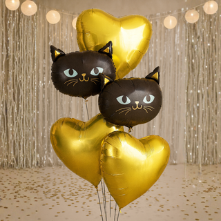 black cat & heart foil balloon bouquet gold colour option