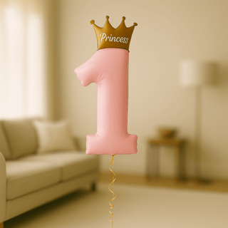 Princess 1st Birthday helium balloon number one with golden crown, perfect for a magical first birthday celebration.