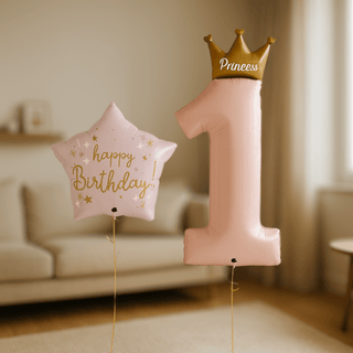 Princess 1st Birthday Helium Balloon Bundle with pink and gold star and number one balloons in a living room setting.