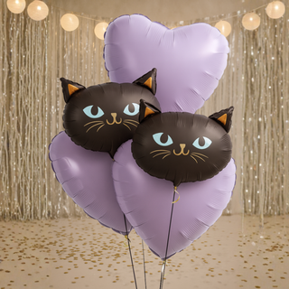black cat & heart foil balloon bouquet LILAC colour option