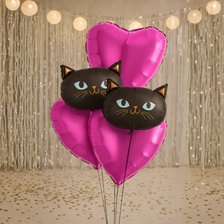 black cat & heart foil balloon bouquet HOT PINK colour option