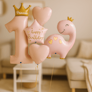 Princess 1st Birthday Helium Balloon Bundle with pink number one, hearts, crown, and dinosaur shapes, perfect for a girl's party.