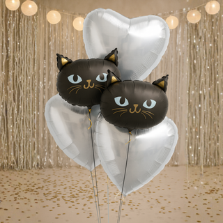black cat & heart foil balloon bouquet CHROME SILVER colour option