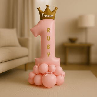Pink 1st birthday balloon with "Ruby" text and crown, part of Prince & Princess Personalised 1st Birthday Balloon Stack.