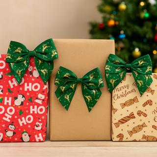 Christmas Green Bows with Gold Reindeer – Pack of 6