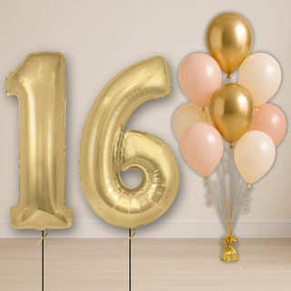 baby pink & neutral balloon bouquet with gold number balloons for 16th birthday celebration