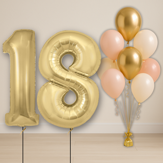 baby pink & neutral balloon bouquet with gold number balloons 18th birthday arrangement