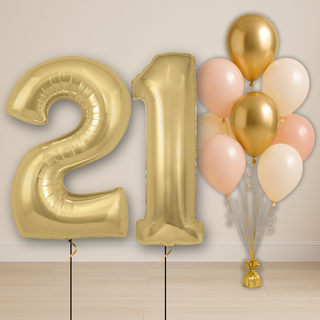 baby pink & neutral balloon bouquet with gold number balloons featuring the number 21, perfect for birthdays or events