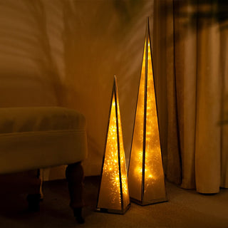 Christmas Pyramid LED Lights in gold, two-piece set adding warm glow to festive home decor