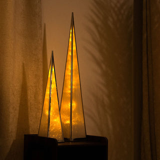Christmas Pyramid LED Lights in gold, elegant festive home decor, warm glowing ornaments, 2-piece set, modern seasonal decoration.