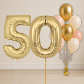 baby pink & neutral balloon bouquet with gold number balloons for 50th birthday