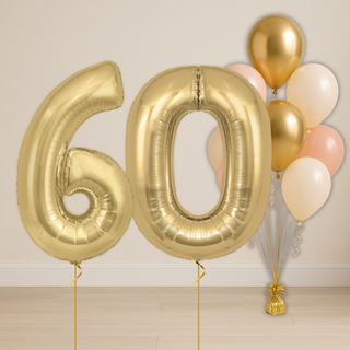 baby pink & neutral balloon bouquet with gold number balloons in elegant arrangement for milestone celebration