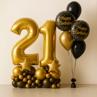 Gold Number Stack with Black & Gold Birthday Balloon Bouquet for milestone celebrations featuring 21 gold number balloons and happy birthday balloons.