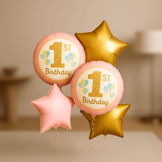 "Girls 1st Birthday Helium Balloon Bouquet" with pink and gold balloons for a special celebration.