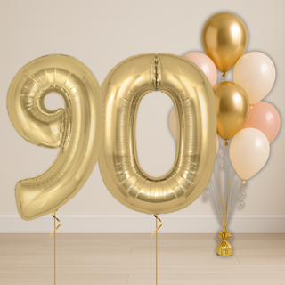 baby pink & neutral balloon bouquet with gold number balloons for 90th birthday celebration