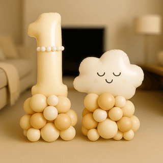 Personalised 1st Birthday Balloon & Cloud Stack Display with number "1" and cloud balloon centerpiece.