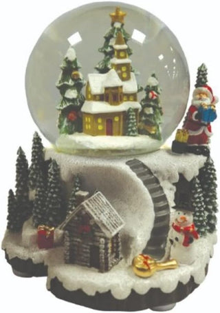 Christmas Village Winter Wonderland snow globe with lights, cottages, trees, and Santa, perfect festive decoration.