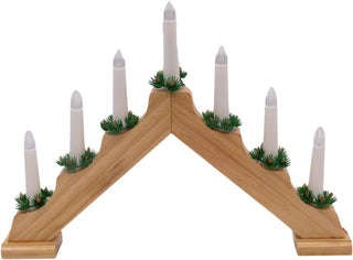 Natural Wooden LED Christmas Candle Bridge with ornate pine accents and seven LED lights for festive home décor.