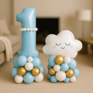 Personalised 1st Birthday Balloon & Cloud Stack Display with blue number 1 and smiling cloud on balloon stacks.