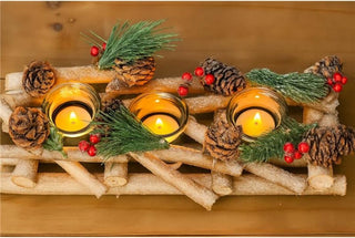 Christmas Wooden Pinecone Tea Light Candle Holder Decoration with glowing candles and rustic pinecones on a wooden base.