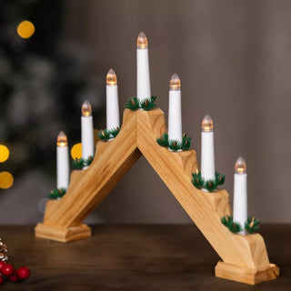 Natural Wooden LED Christmas Candle Bridge with a rustic charm and festive elegance, featuring glowing LED lights on natural wood.