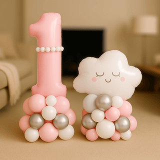 Personalised 1st Birthday Balloon & Cloud Stack Display with pink and white balloons.