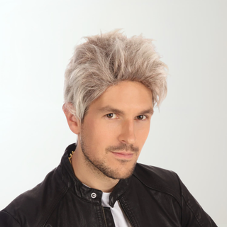 Man wearing 80s Bad Boy Wig with silver-ash textured layers, styled for retro rocker costume.